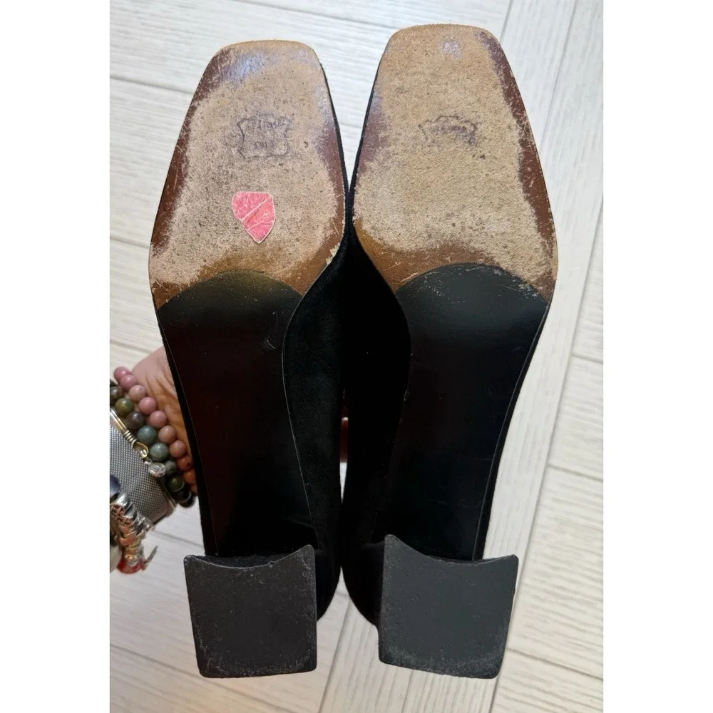 Stuart Weitzman VTG‎ 9 AA Blk Suede Block Heels Square Toe 2.5